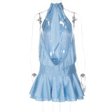 Women Autumn Sleeveless Sexy Tie-Up Halter Neck Backless Mini Dress
