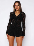 Women See-Through Lace Solid Sexy Long-Sleeve Shirt Top