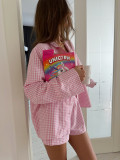 Women spring plaid long-sleeved top and shorts pajamas two-piece set