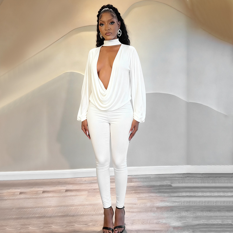 Women Halter Neck drop neck long-sleeved top and pants sexy two-piece set