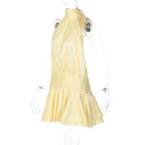 Women Autumn Sleeveless Sexy Tie-Up Halter Neck Backless Mini Dress