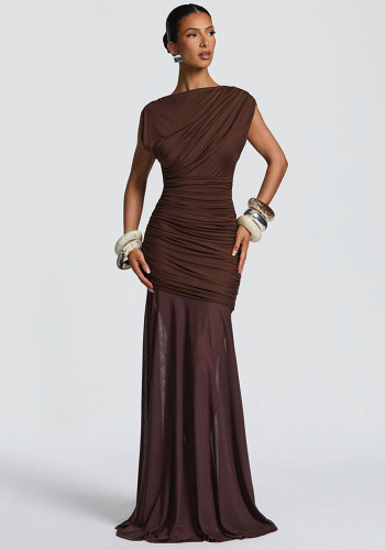 Women Sexy Pleated Mesh Patchwork Solid Maxi Dress