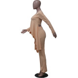 Women casual long-sleeved V-neck ribbed irregular top and pant two-piece set