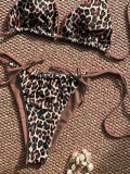 Women Leopard Print Color Block Beach Bikini Tie-Up Spa Two Pieces Swimwear