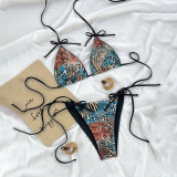 Women Leopard Print Color Block Beach Bikini Tie-Up Spa Two Pieces Swimwear