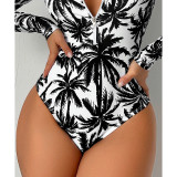 Women Printed Long Sleeve Zipper Bikini Beach One-Piece Swimwear