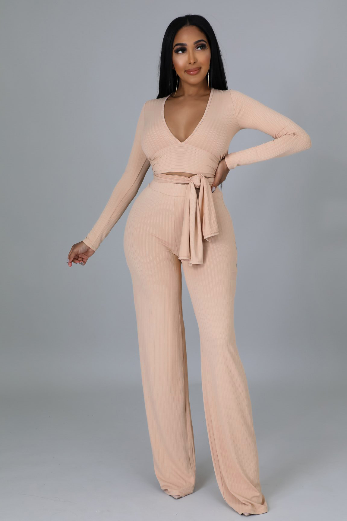 Women casual long-sleeved V-neck ribbed irregular top and pant two-piece set