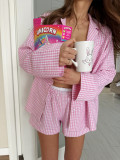 Women spring plaid long-sleeved top and shorts pajamas two-piece set