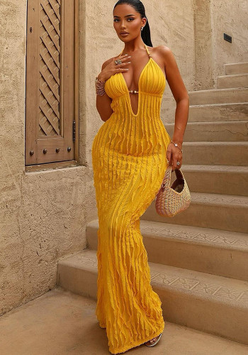 Women Summer Backless Halter Neck Lace-Up V Neck Striped Dress