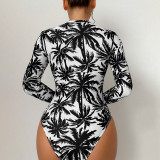 Women Printed Long Sleeve Zipper Bikini Beach One-Piece Swimwear