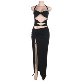 Women Hollowed-Out Metal Buckle Slit Halter Neck Lace-Up Holiday Maxi Dress