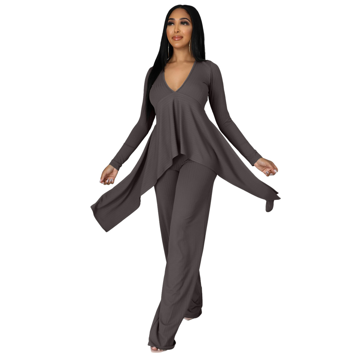Women casual long-sleeved V-neck ribbed irregular top and pant two-piece set