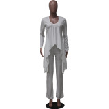 Women casual long-sleeved V-neck ribbed irregular top and pant two-piece set