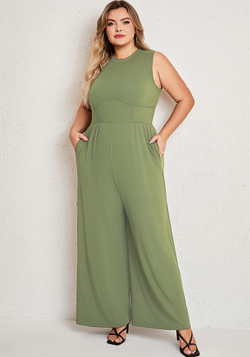 Women's Plus Size Summer Casual Solid Color Sleeveless Straight Leg Jumpsuit