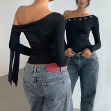 Women's Autumn Sexy Slash Shoulder Long Sleeve Solid Color T-Shirt