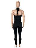 Women's Sexy Cut-Out Metal Patchwork Halter Neck Tight Slim Jumpsuit