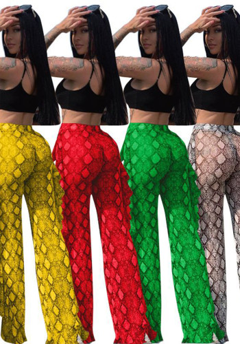 Women Printed Ruffle Bell Bottom Wide-Leg Pants