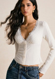 Women Autumn/Winter Lace V-Neck Long Sleeve T-Shirt Top