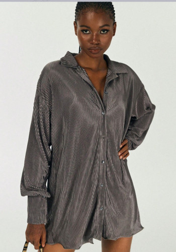 Women Zebra Print Turndown Collar Top Lantern Long Sleeve Shirt Dress