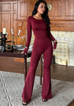 Women's Autumn Winter Sexy Deep Low Back Long Sleeve Slim Fit Solid Color Jumpsuit