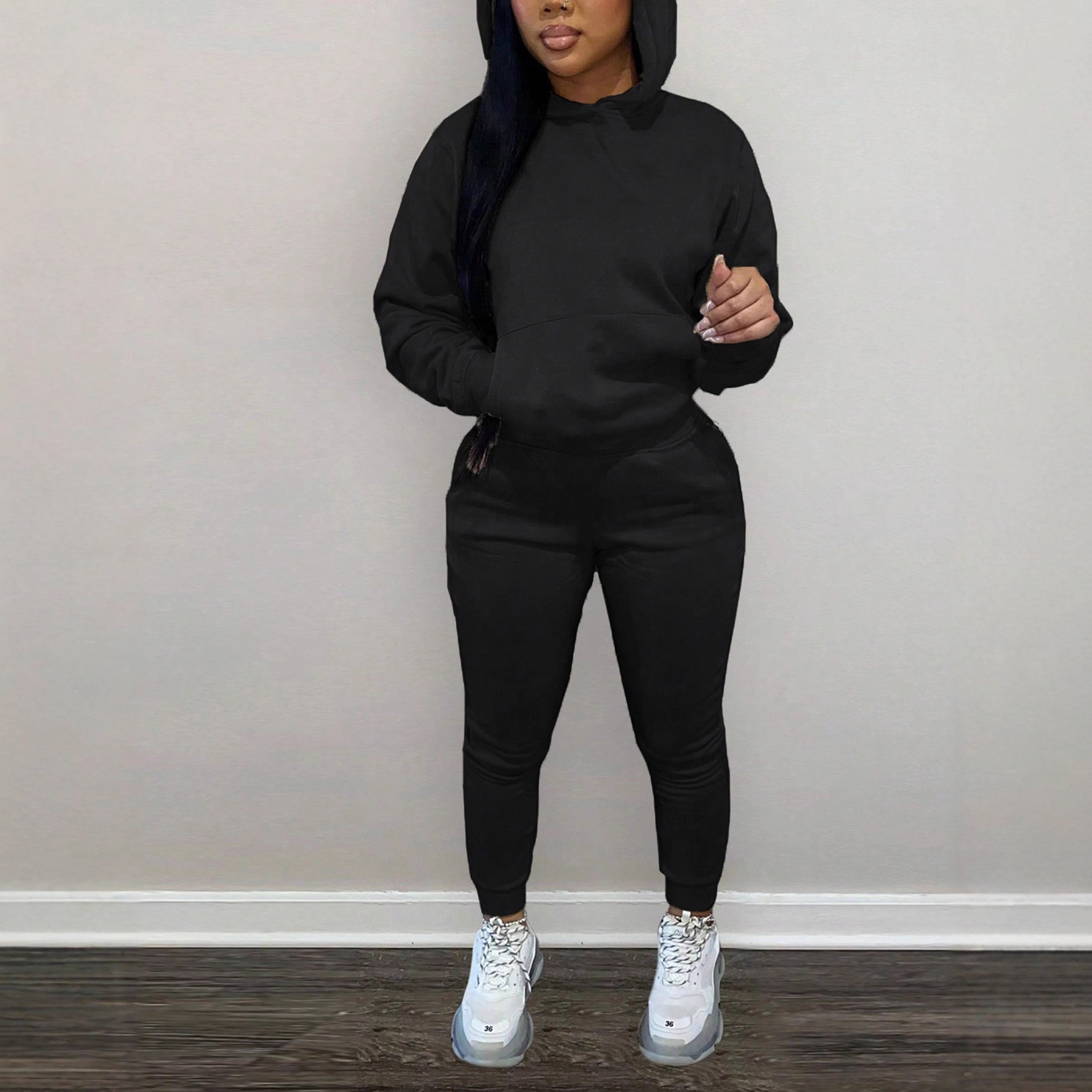 Women Solid Hoodies and Pant Two-Piece Set