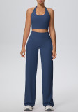 Women Solid Halter Neck Top and Wide-Leg Pants Yoga Sports Running Fitness Two-Piece Set