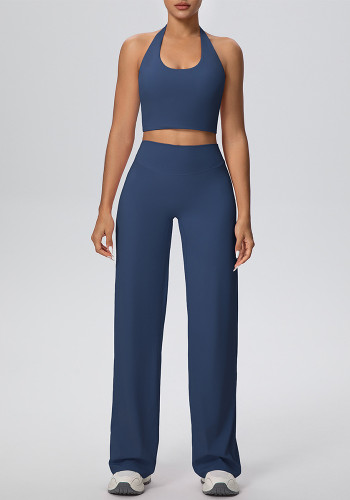 Women Solid Halter Neck Top and Wide-Leg Pants Yoga Sports Running Fitness Two-Piece Set