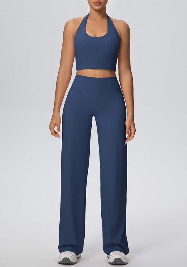 Women Solid Halter Neck Top and Wide-Leg Pants Yoga Sports Running Fitness Two-Piece Set