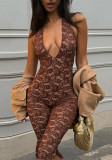Women Sexy Lace Patchwork V-Neck Halter Neck Backless Jumpsuit