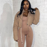 Women Autumn/Winter Solid Casual Zipper Pocket Padding Jacket
