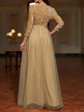 Women's Formal Party Evening Dress Gold Sequin Mesh Patchwork V-Neck Long Gown