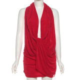 Women's Autumn Winter Sexy Deep V Halter Neck Low Back Bodycon Solid Color Short Dress