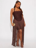 Women Autumn Sexy Strapless Halter Neck Tassel Maxi Dress