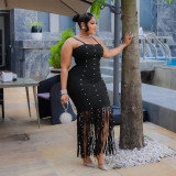Women Sexy Slash Fringe Beaded Bodycon Dress