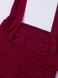 Women's Sexy Low Back High Slit Pleated Slim Mesh Halter Neck Lace-Up Bodycon Long Dress