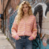 Women's Fashion Color Block Striped Knit V-Neck Casual Sweater