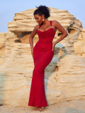 Women Elegant Draped Metal Ring Backless Cross-Strap Camisole Evening Dress