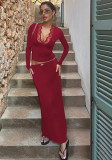 Women Winter Solid Long-Sleeve Lace V-Neck Top and Skirt Two-Piece Set