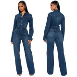 Women's Stretch Flared Bell Bottom Washed Denim Long Sleeve Jumpsuit