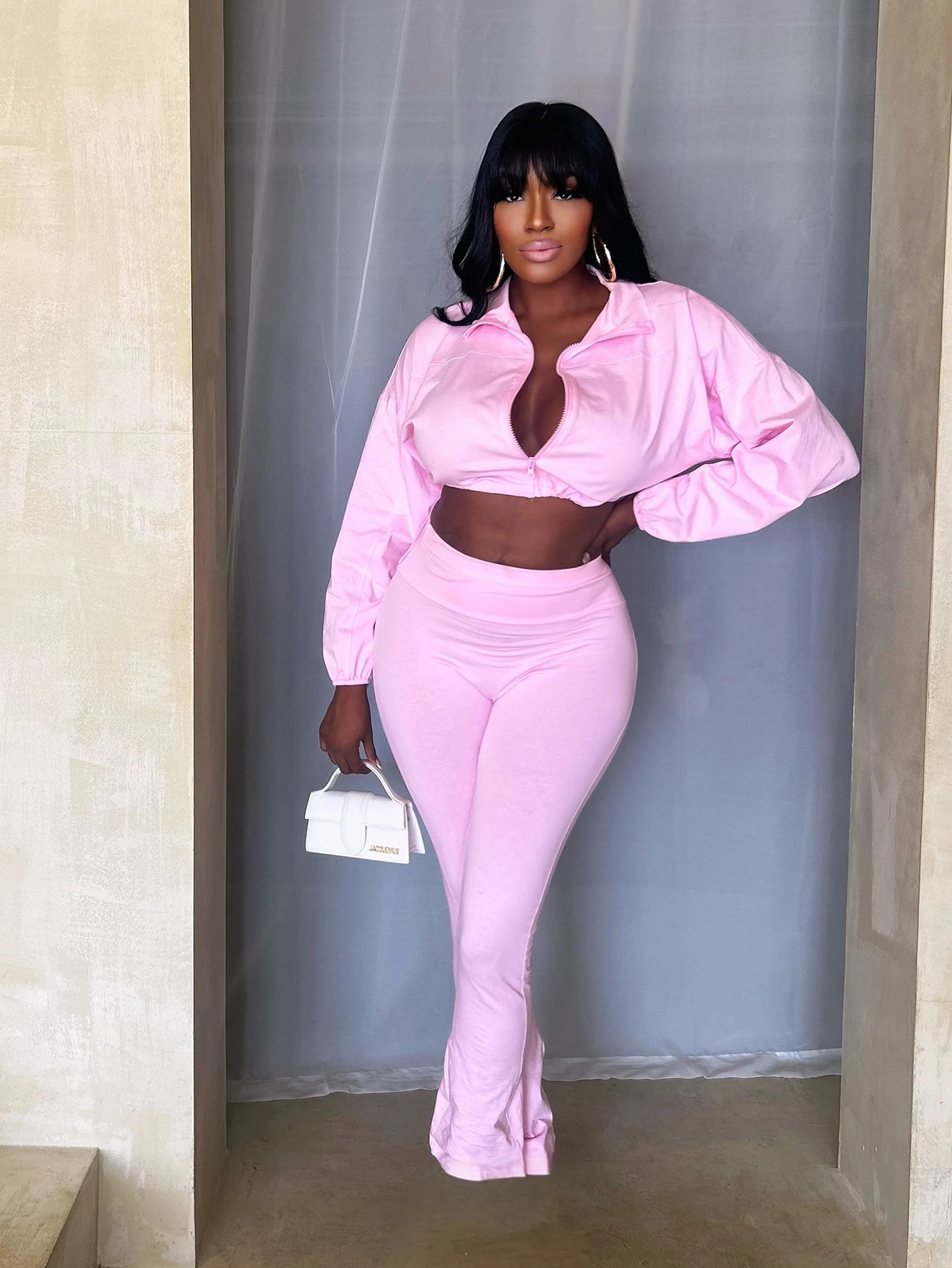 Women Casual Solid Sports Top and Pant Two-Piece Set