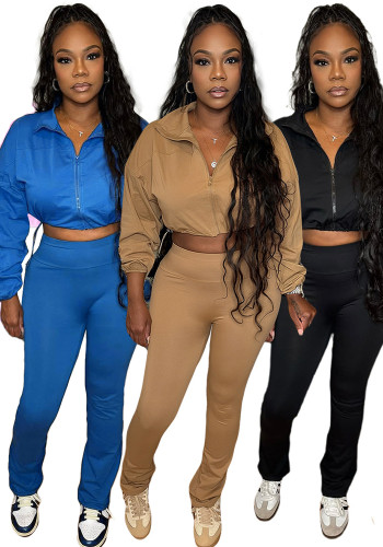 Women Casual Solid Sports Top and Pant Two-Piece Set