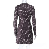 Women's Autumn Winter Chic V-Neck Polka Dot Long Sleeve Slim Waist Short Dress