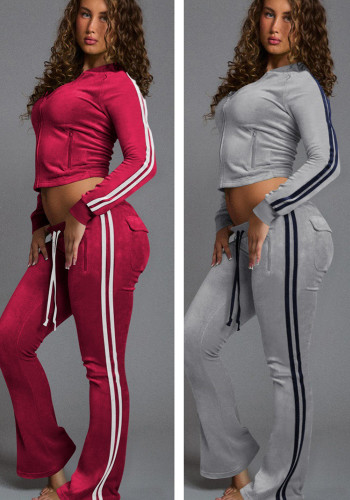 Women's Fashion Casual Solid Color Striped Two-Piece Pants Set