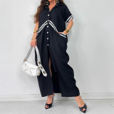 Plus Size Women Turndown Collar Button-Up Long and Short Sleeve Dress