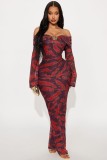 Women Autumn Off-Shoulder Printed Maxi Dress