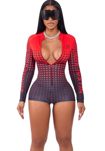 Women's Fashion Sexy Polka Dot Print Zipper Front Long Sleeve Jumpsuit