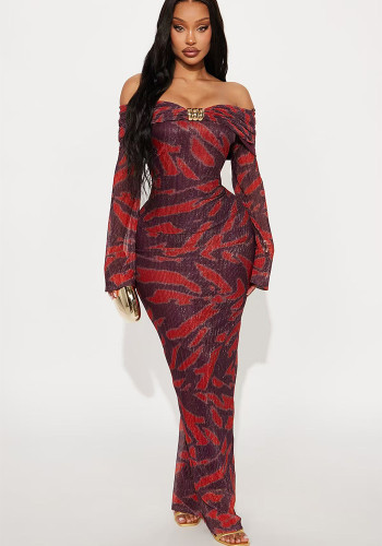 Women Autumn Off-Shoulder Printed Maxi Dress