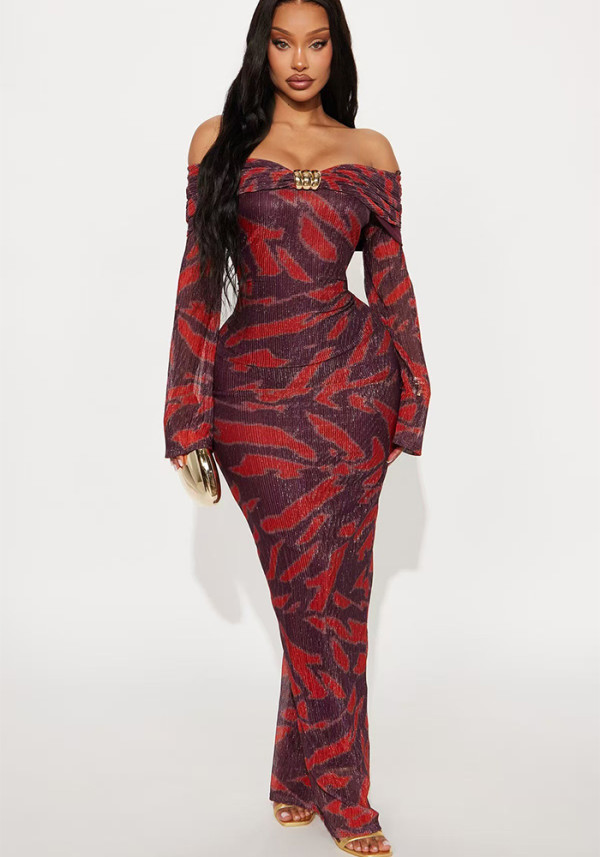 Women Autumn Off-Shoulder Printed Maxi Dress