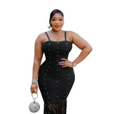 Women Sexy Slash Fringe Beaded Bodycon Dress