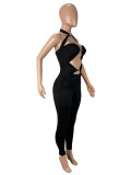 Women's Sexy Cut-Out Metal Patchwork Halter Neck Tight Slim Jumpsuit